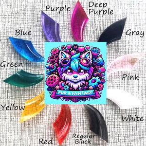 Puede incluir: Un conjunto de 12 pinzas de garra de resina de colores en varios colores, incluyendo morado, morado oscuro, azul, verde, amarillo, rojo, negro regular, gris, rosa y blanco. Las pinzas est&aacute;n dispuestas en un c&iacute;rculo alrededor de una imagen de dibujos animados de un animal peludo con el texto "Fur & Fantasy".