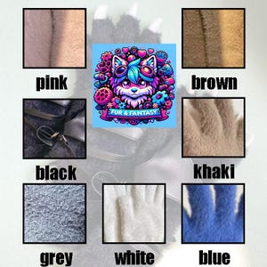 May include: A chart showing different colors of faux fur with the text "Fur & Fantasy" in a circle. The colors include pink, brown, black, khaki, grey, white, and blue.
