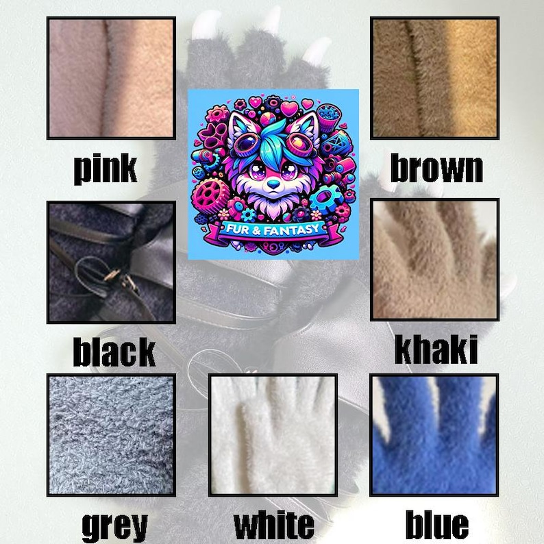 May include: A chart showing different colors of faux fur with the text "Fur & Fantasy" in a circle. The colors include pink, brown, black, khaki, grey, white, and blue.