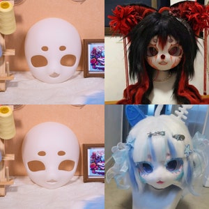 Puede incluir: Dos máscaras blancas en blanco para la cara de muñeca con ojos grandes y una boca pequeña. Las máscaras están sobre una superficie marrón claro. Hay un pequeño marco con una imagen de dibujos animados en el fondo. La segunda imagen muestra dos cabezas de muñeca con caras pintadas y pelucas de colores. Las cabezas de muñeca están sobre una superficie marrón claro.