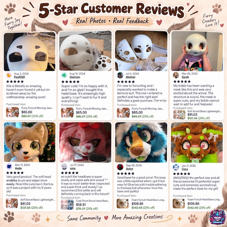 Pode incluir: Uma colagem de avalia&ccedil;&otilde;es de clientes de 5 estrelas apresentando bases de cabe&ccedil;a de fursuit de espuma branca em v&aacute;rios est&aacute;gios de conclus&atilde;o, ao lado de m&aacute;scaras de animais acabadas, cobertas de pelo e decoradas com olhos, orelhas e focinhos.