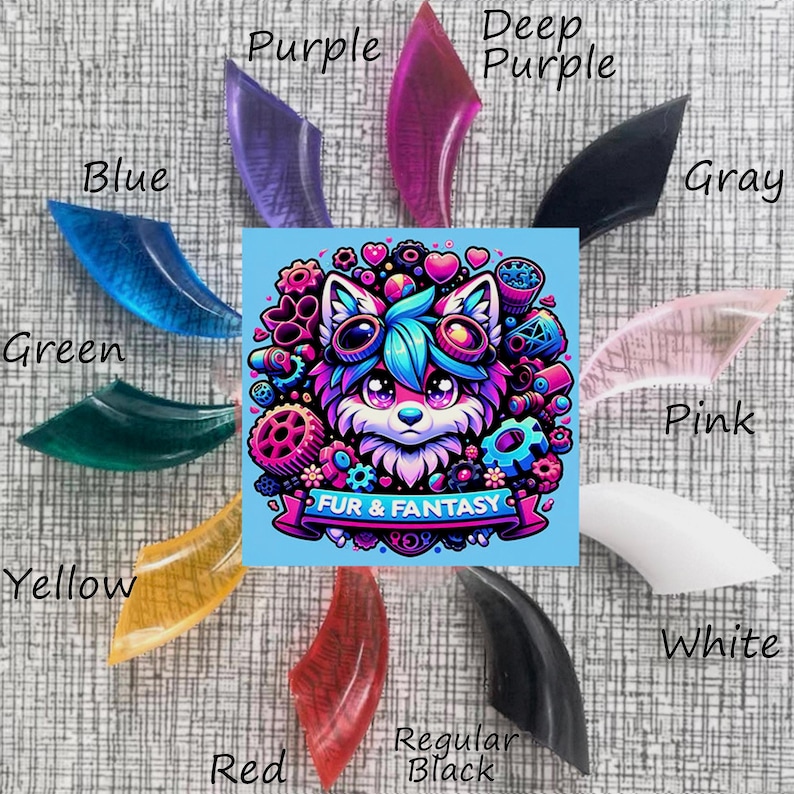 May include: A set of 10 colorful resin claw clips in various colors, including blue, green, purple, deep purple, gray, pink, white, yellow, red, and black. The clips are arranged in a circle around a cartoon image of a furry animal with the text "FUR & FANTASY".