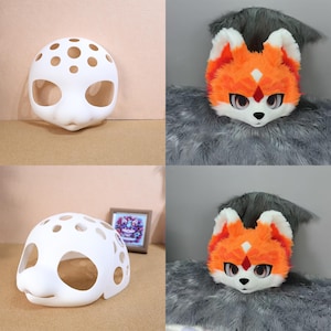 May include: A white plastic animal mask base with circular ventilation holes and large eye openings, shown alongside a finished orange and white faux fur animal head mask featuring pointed ears, a black nose, and large expressive eyes.