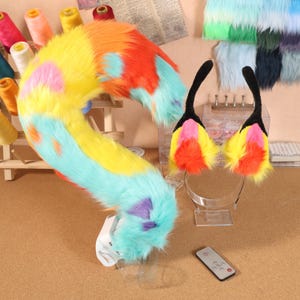 Handmade Furry Cat Ears and Tail Cosplay Set Moving Rainbow Kitty Cosplay with Bendable Tail Fursuit Fursona DIY Faux Fur Costume Gift