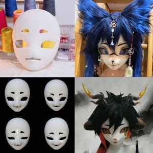 May include: Five white blank face masks with different eye and mouth shapes. The masks are made of a smooth, hard plastic. The masks are arranged in a grid pattern on a black background.