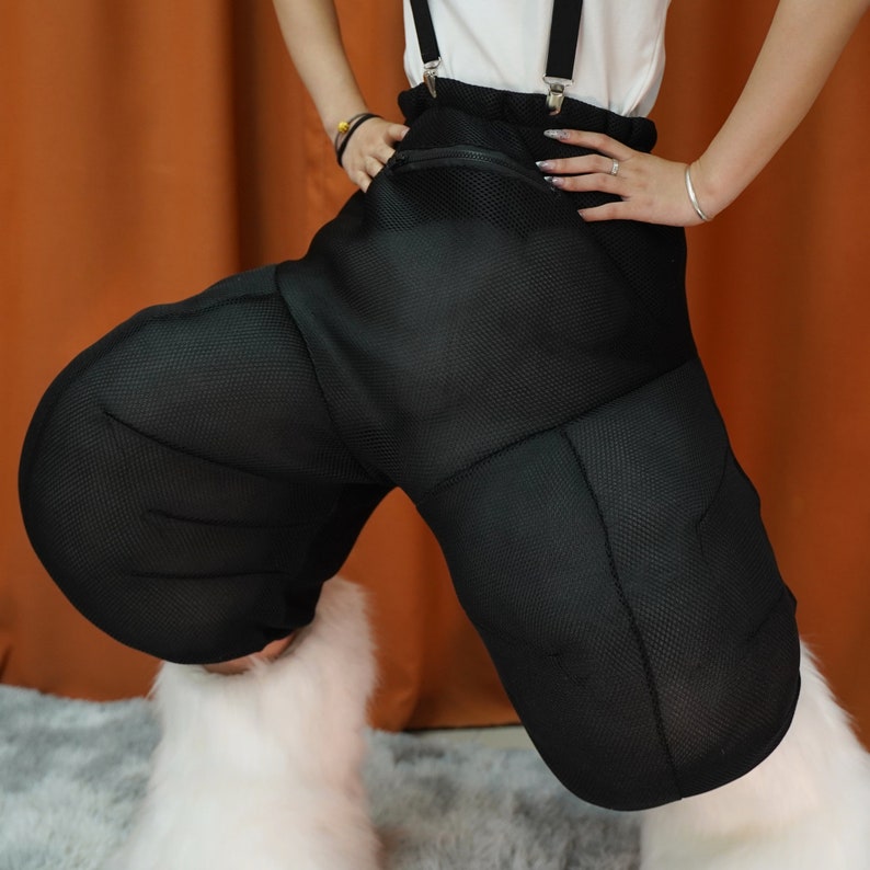 May include: Black mesh pants with a zippered pocket and suspenders. The pants are loose fitting and have a unique, textured design.