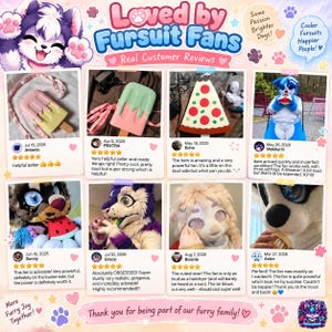 以下が含まれることがあります： Loved by Fursuit Fansと題された顧客レビューのコラージュ。アイスキャンディー、ピザ、スイカの形をした手持ち扇風機の写真8枚と、テキストレビュー、5つ星評価、肉球の装飾が配置されています。