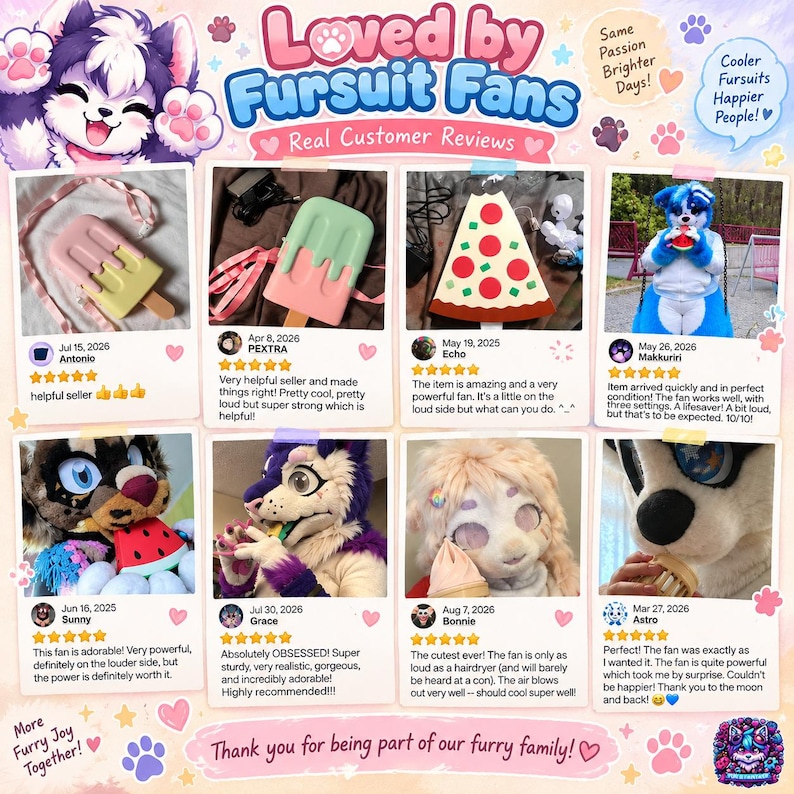 以下が含まれることがあります： Loved by Fursuit Fansと題された顧客レビューのコラージュ。アイスキャンディー、ピザ、スイカの形をした手持ち扇風機の写真8枚と、テキストレビュー、5つ星評価、肉球の装飾が配置されています。