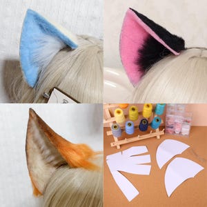 May include: A collection of faux fur animal ears in blue and white, black and pink, and orange and white. The set includes a wooden thread rack with colorful spools of thread and white paper templates for crafting the ear shapes on a flat surface.