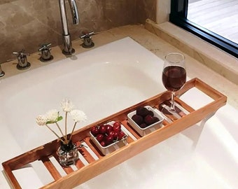 Bath Caddy Bath Tray with Wine Glass Towel and Phone Holders Wooden Bath Decor Bathtub Shelf Bathroom Accessories Bath Board Cup Holder