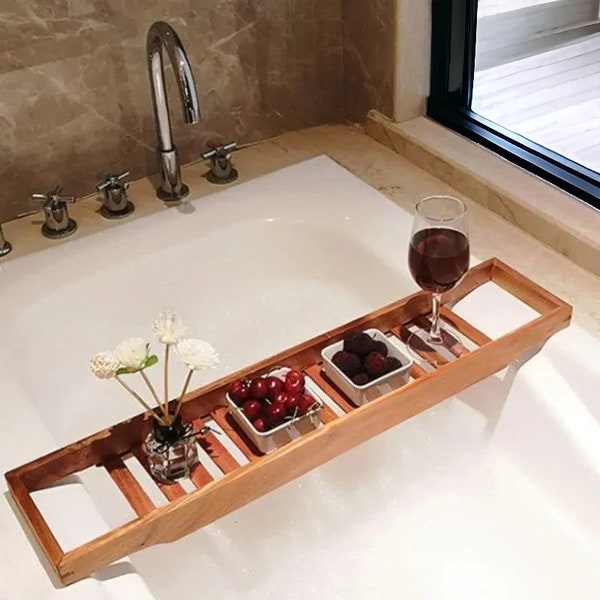 Bath Caddy Bath Tray with Wine Glass Towel and Phone Holders Wooden Bath Decor Bathtub Shelf Bathroom Accessories Bath Board Cup Holder