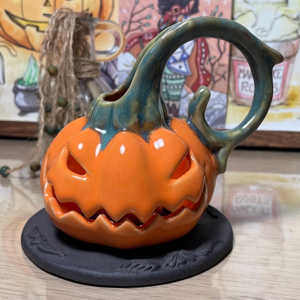 Pumpkin Candle Holder on Tombstone Base — Handmade Ceramic Halloween Decor, Tea-light Jack-o’-Lantern