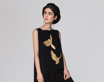 Black Embroidery. Metallic Gold. Holiday Fashion. Gold Holiday. Black Pinafore. Embroidered Birds. Black Top