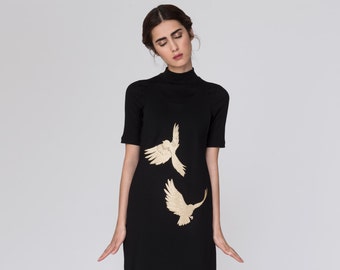 Black Shift Dress. Gold Embroidery. Metallic Gold. Embroidered Birds. Gold foil Black Dress. Embroidered Dress. Black Pinafore