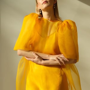 Bridesmaid Dress. Long Dress. Simple Bridal Modern Gown with Sleeves. Silk Organza. Puff sleeves. Garden Dress