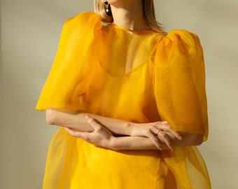 Bridesmaid Dress. Marigold Dress. Simple Modern Dress with Sleeves. Sheer Organza. Puff sleeves. Garden Wedding