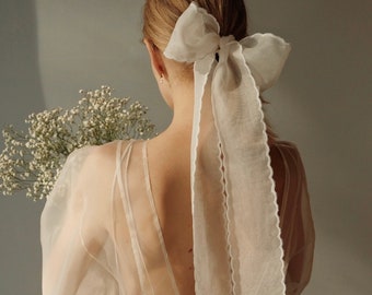 Women Large Ribbon. Bridal Silk Bow. Hair Bow. Women Ponytail. Veil-like