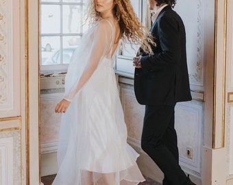 Elegant Silk Wedding Dress. Sheer silk Organza . Simple Long Sleeves. Backless Floor Length. Bridal Modern Gown.