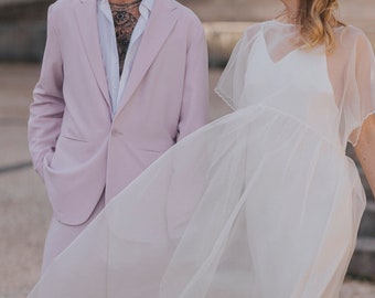 Wedding Dress. Ivory Loose Wedding Dress. Elegant Wedding Dress. Simple Bridal Modern Gown with Sleeves. Ivory Organza. Garden Wedding