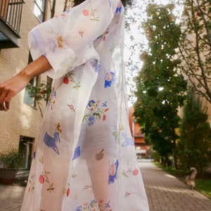 Sheer Printed Shirt Dress. Garden Maxi Dress. Art Unique Illustration. Oversized Silk See Through Layering Shirt. Long Sleeves Dress image 3