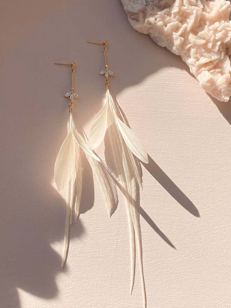 Elegant Feather Earrings. Bridal Earrings. White Delicate Feathers. Botanical Earrings. Nature Inspired White. Pearl Earrings. Drop Down image 2