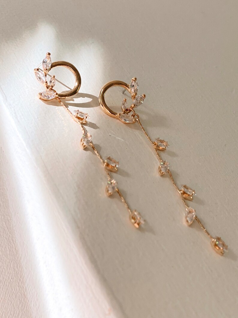 Bridal Earrings. Thin Linear Long Earrings. Dainty Earring. Gold Drop Earring. Stud Earrings. Gift for her. Small stud earrings image 2
