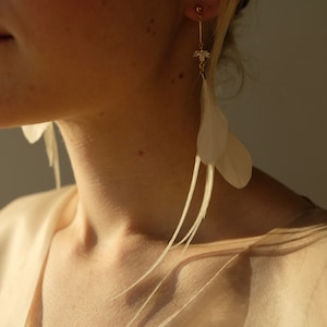 Elegant Feather Earrings. Bridal Earrings. White Delicate Feathers. Botanical Earrings. Nature Inspired White. Pearl Earrings. Drop Down image 3