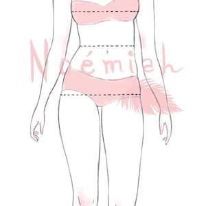 May include: A fashion illustration of a woman in a pink bra and underwear set, with a paper crane in her hair. The drawing is in a minimalist style, with the name "No&eacute;mieh" written in cursive.