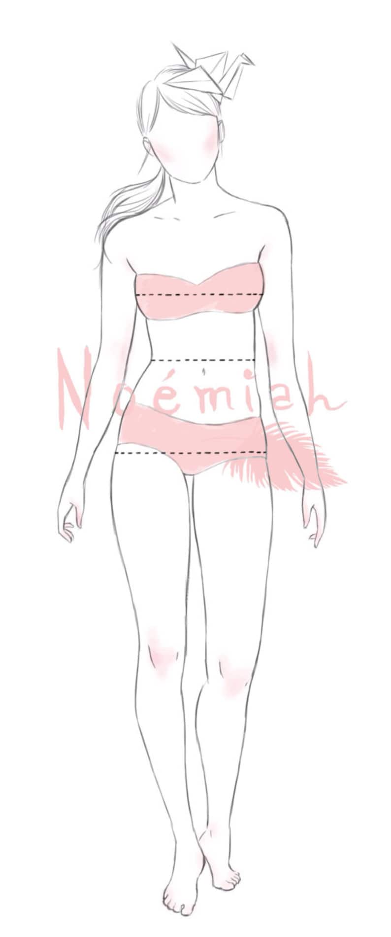 May include: A fashion illustration of a woman in a pink bra and underwear set, with a paper crane in her hair. The drawing is in a minimalist style, with the name "No&eacute;mieh" written in cursive.