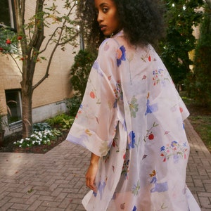 Sheer Printed Shirt Dress. Garden Maxi Dress. Art Unique Illustration. Oversized Silk See Through Layering Shirt. Long Sleeves Dress image 1