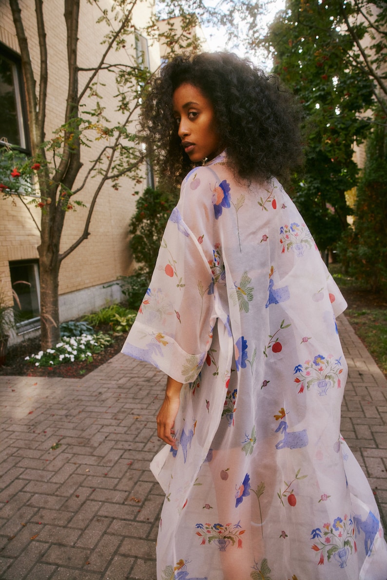 Sheer Printed Shirt Dress. Garden Maxi Dress. Art Unique Illustration. Oversized Silk See Through Layering Shirt. Long Sleeves Dress image 1