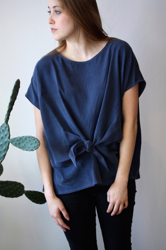 Silky Bow Top Loose Fit Women Shirt Drapy Oversized Shirt Cap Sleeve Self Waist Knot Alice Top