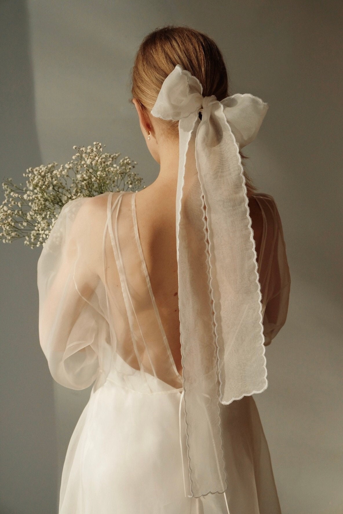 Women Large Ribbon. Bridal Silk Bow. Hair Bow. Women Ponytail. Veil-like