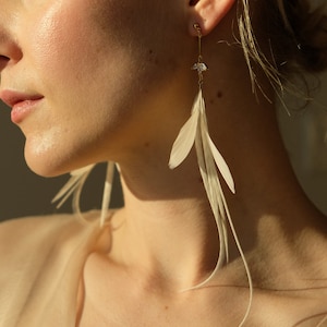 Elegant Feather Earrings. Bridal Earrings. White Delicate Feathers. Botanical Earrings. Nature Inspired White. Pearl Earrings. Drop Down image 5