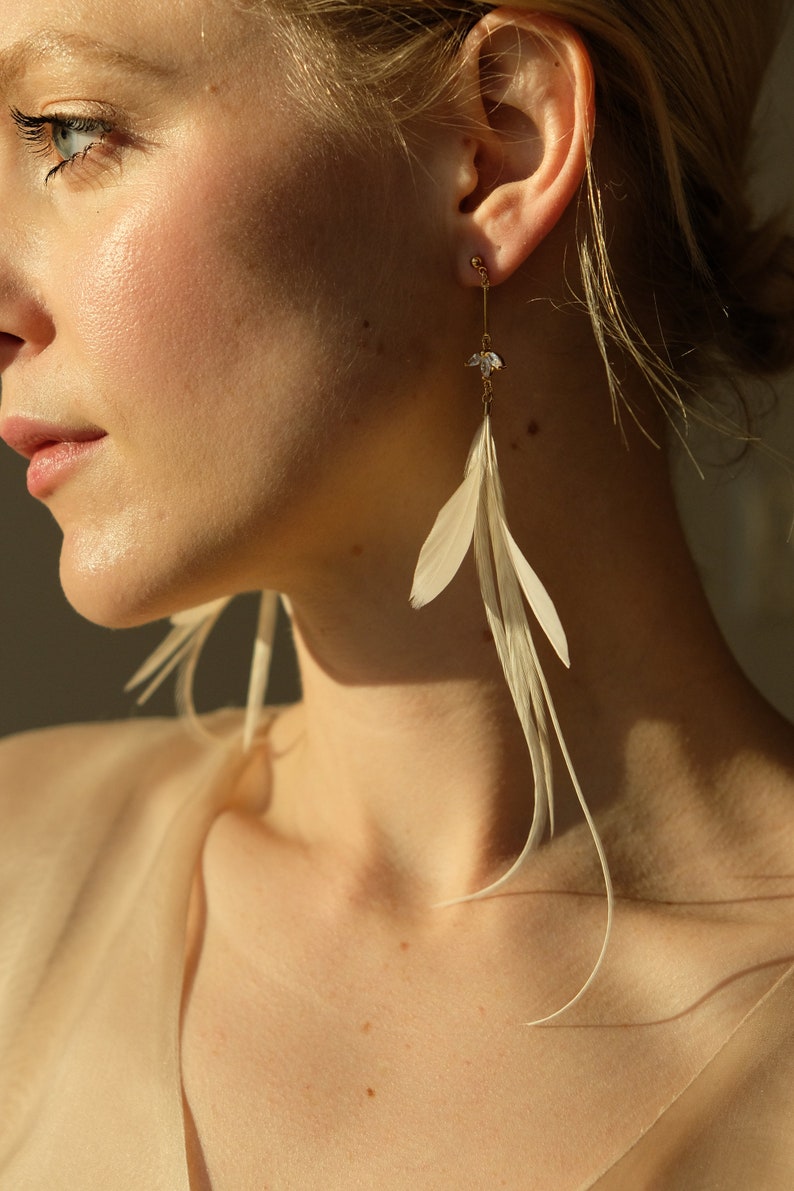 Elegant Feather Earrings. Bridal Earrings. White Delicate Feathers. Botanical Earrings. Nature Inspired White. Pearl Earrings. Drop Down image 5