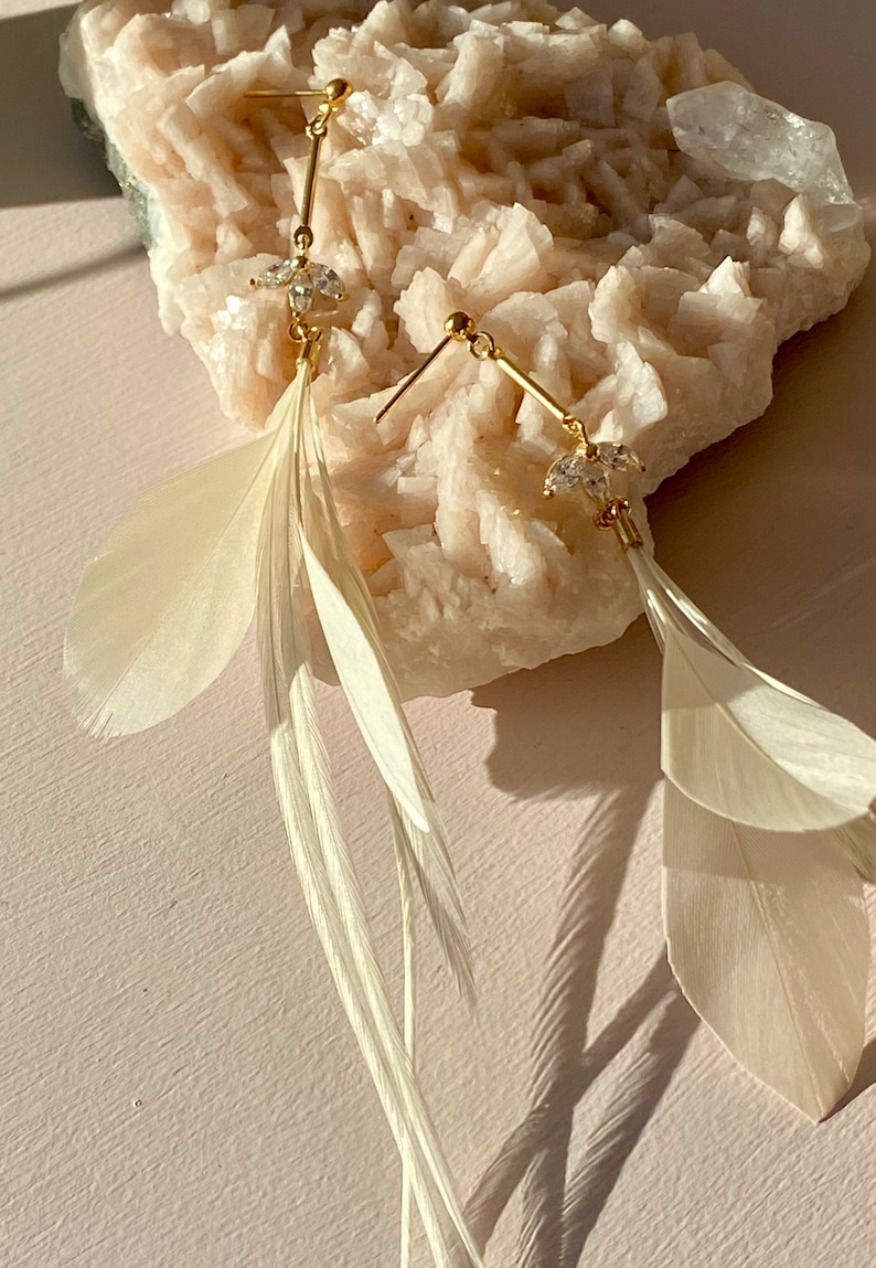 Elegant Feather Earrings. Bridal Earrings. White Delicate Feathers. Botanical Earrings. Nature Inspired White. Pearl Earrings. Drop Down image 4