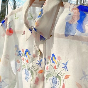 Sheer Printed Shirt Dress. Garden Maxi Dress. Art Unique Illustration. Oversized Silk See Through Layering Shirt. Long Sleeves Dress image 4