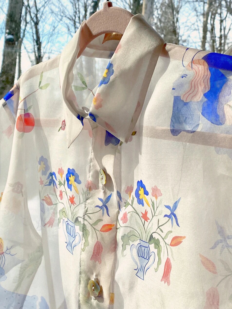 Sheer Printed Shirt Dress. Garden Maxi Dress. Art Unique 