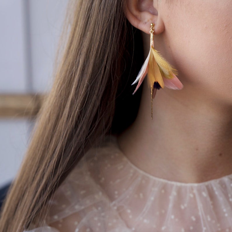 Gold and Pink Feather Earrings. Gold Delicate Earrings. Gold Etsy