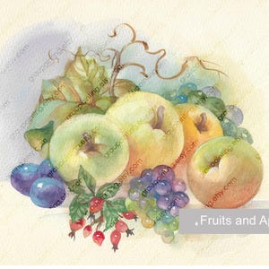 Frutta e mele, dipinto a mano originale, acquerello, quadro da cucina su carta, piccola opera d'arte, pezzo unico, decorazione per il soggiorno