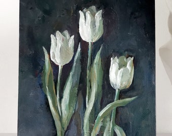 Schilderij van witte tulpen, bloemschilderij op canvas, acrylmuurkunst, woonkamerdecor, mini bloemenfoto, handgeschilderde kleine deco