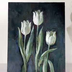 Painting White Tulips, Flower Painting on Canvas, Acrylic Wall Art, Living Room Decor , Mini Floral Picture, Hand Painted Small Deco image 1