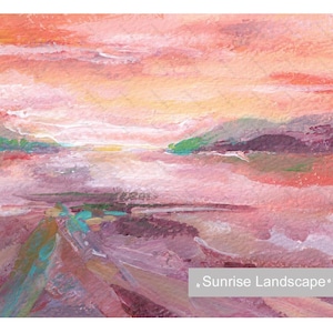 Dipinto di paesaggio all'alba, mini arte originale A5, acrilico su carta, arte astratta contemporanea dipinta a mano, piccola opera d'arte unica nel suo genere