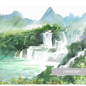 Dipinto di cascata tropicale, originale dipinto a mano, dipinto su carta, acquerello, opera d'arte, pezzo unico, decorazione per soggiorno, immagine della natura