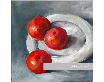 Pintura de mandarinas, pintura de frutas sobre lienzo, arte de pared acrílico, decoración de sala de estar, mini cuadro, decoración pequeña pintada a mano, decoración de cocina