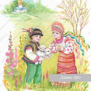 Regalo di Pasqua, originale dipinto a mano, pittura a guazzo, immagine di bambini ucraini su carta, piccola arte, pezzo unico, decorazione per la cameretta dei bambini