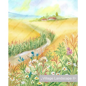 Paesaggio di villaggio ad acquerello, originale dipinto a mano, dipinto su carta, piccola opera d'arte, pezzo unico, decorazione per soggiorno, immagine di un campo di fiori