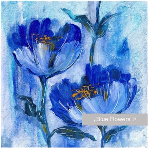 Tableau fleurs bleues, original peint à la main, oeuvres d'art florales sur toile, oeuvre d'art murale acrylique, mini photo florale, objet déco à collectionner, petite oeuvre d'art