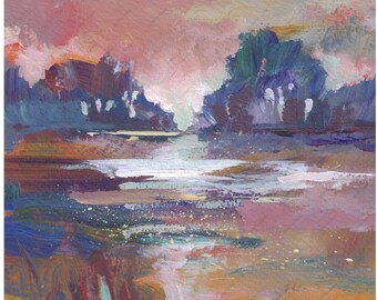 May include: An abstract painting titled "Sunset Landscape II" depicts a serene waterscape. The artwork features a blend of colors, including pink, purple, blue, and orange, creating a soft, atmospheric effect. Brushstrokes suggest trees and reflections.