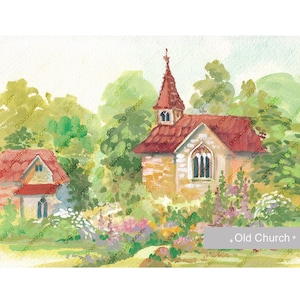 Dipinto di una vecchia chiesa, originale dipinto a mano, paesaggio tedesco, dipinto su carta, acquerello, arte, pezzo unico, decorazione per la stanza con guazzo